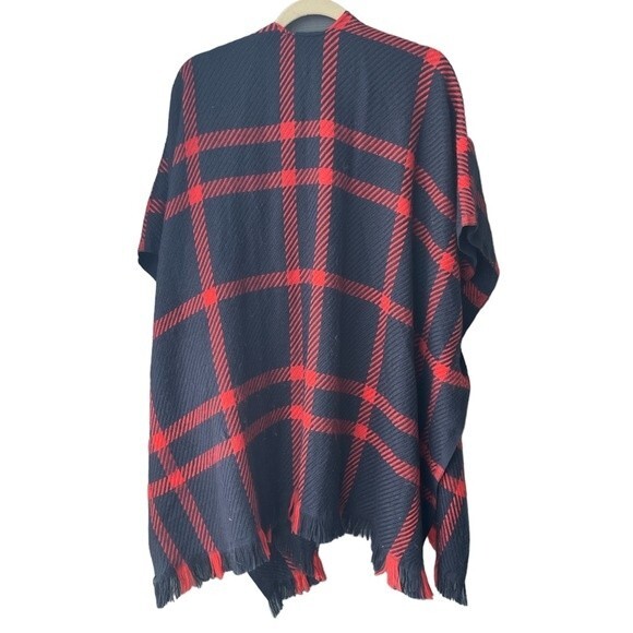 LOFT Plaid Red Blue Sweater Fringe Shawl Shrug Size S - Picture 2 of 3